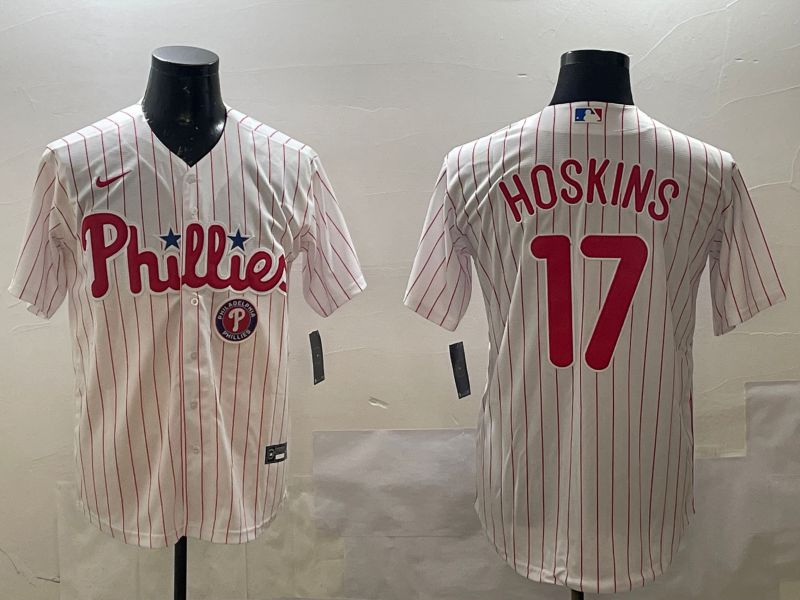 Men Philadelphia Phillies 17 Hoskins White stripe Game 2025 Nike MLB Jersey style 5